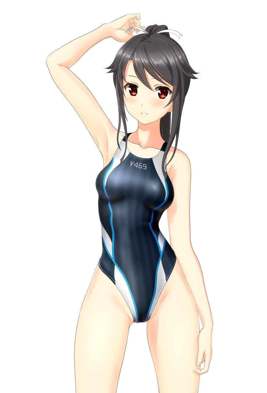 1girl absurdres black_hair black_one-piece_swimsuit breasts commentary_request competition_swimsuit cowboy_shot hair_ribbon high_school_fleet highleg highleg_one-piece_swimsuit highres large_variant_set long_hair looking_at_viewer multicolored_swimsuit munetani_mashiro one-piece_swimsuit parted_lips ponytail red_eyes ribbon simple_background small_breasts solo standing swimsuit table takafumi variant_set white_background white_ribbon