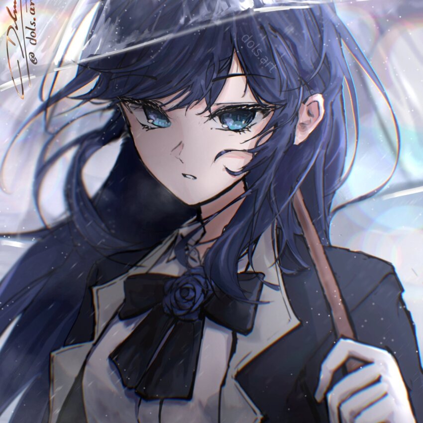 1girl ado_(utaite) black_bow black_bowtie blue_eyes blue_flower blue_hair blue_rose bow bowtie chando_(ado) commentary dols_art english_commentary flower gloves highres holding holding_umbrella light_particles long_hair looking_at_viewer open_mouth rose shirt sidelocks signature solo umbrella upper_body utaite white_gloves white_shirt
