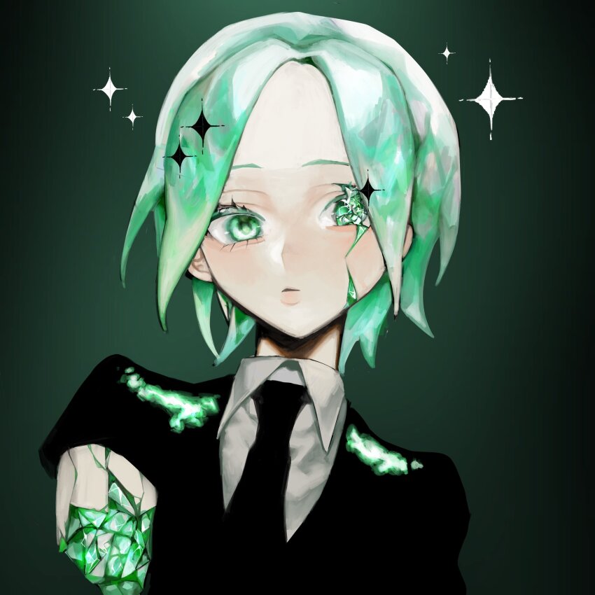 1other amputee androgynous aqua_eyes aqua_hair axy3_le black_shirt broken collared_shirt colored_eyelashes crack cracked_skin crystal_hair gem gem_uniform_(houseki_no_kuni) glowing glowing_hair green_eyes green_hair highres houseki_no_kuni necktie other_focus pale_skin parted_lips phosphophyllite phosphophyllite_(gemstone) puffy_short_sleeves puffy_sleeves scar scar_on_face shirt short_hair short_sleeves solo sparkle white_shirt wing_collar