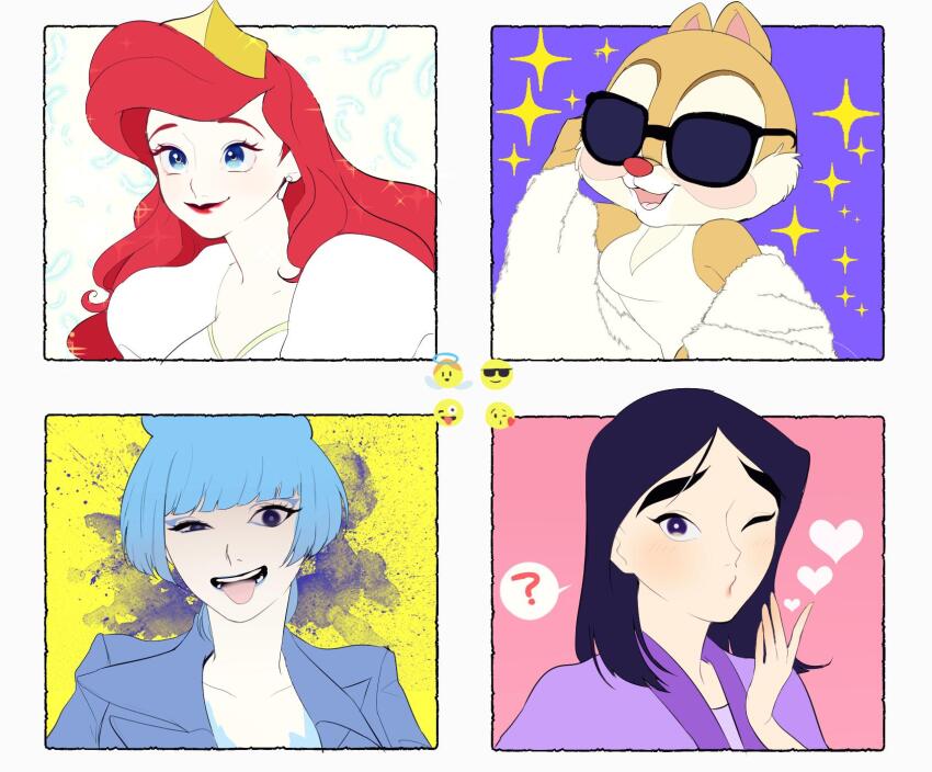 4girls ariel_(disney) blue_fire blue_lips chipmunk chipmunk_ears clarice_(disney) company_connection crown disney disneyland emoji fa_mulan_(disney) fiery_hair fire formal_clothes hercules_(1997_film) highres lipstick makeup mickey_mouse_&amp;_friends ms._hades mulan_(movie) multiple_girls red_hair rl10_02 squirrel the_little_mermaid_(disney)