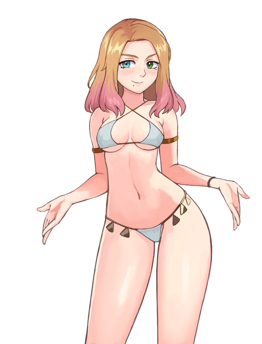 1girl absurdres armlet bare_legs bare_shoulders bikini blonde_hair breasts commentary commission english_commentary gradient_hair highres jewelry looking_at_viewer medium_breasts medium_hair mole mole_under_eye mole_under_mouth multicolored_hair navel original pink_hair shrugging simple_background smile solo stomach string_bikini swimsuit watcher_hollow white_background white_bikini