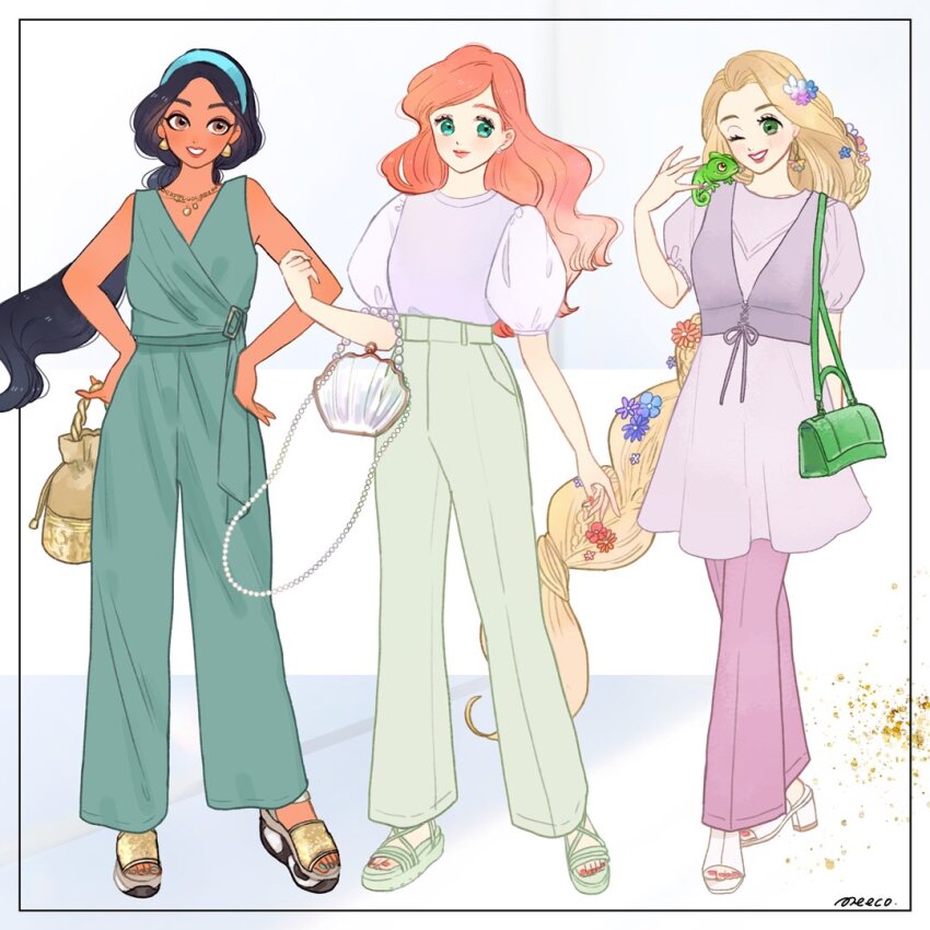 3girls aladdin_(movie) ariel_(disney) bare_shoulders black_hair blonde_hair breasts brown_eyes chameleon cleavage contemporary dark-skinned_female dark_skin disney_princess earrings jasmine_(disney) jewelry long_hair looking_at_viewer meecosme midriff multiple_girls necklace off_shoulder pascal_(tangled) rapunzel_(disney) red_hair shirt smile tangled the_little_mermaid_(disney) very_long_hair