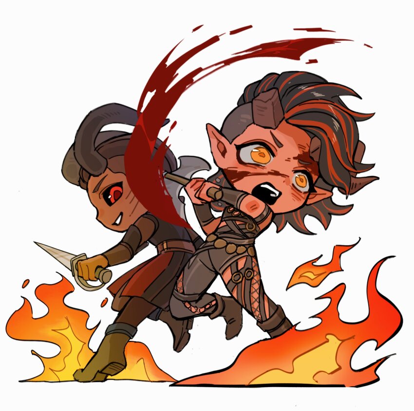 1boy 1girl ankle_boots axe baldur&#039;s_gate baldur&#039;s_gate_3 black_hair black_sclera blood blood_on_face bloody_weapon boots broken_horn brown_boots colored_sclera colored_skin dagger demon_boy demon_girl demon_horns dungeons_&amp;_dragons dungeons_&amp;_dragons fire full_body highres holding holding_axe holding_dagger holding_knife holding_weapon horns karlach knife medium_hair multicolored_hair open_mouth red_skin simple_background standing streaked_hair tiefling two-tone_hair weapon white_background wyll_(baldur&#039;s_gate) yellow_eyes yy20251111
