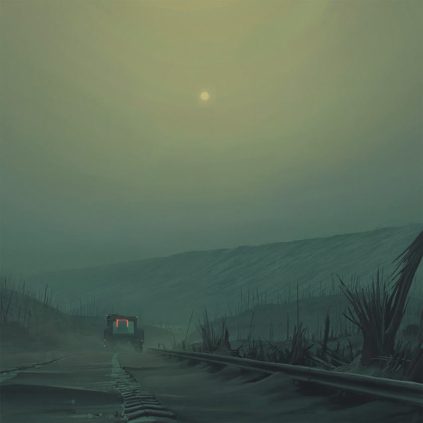 ashes grey_theme guard_rail haze highres horizon motor_vehicle no_humans outdoors science_fiction simon_stalenhag sun the_labyrinth traffic_barrier tree