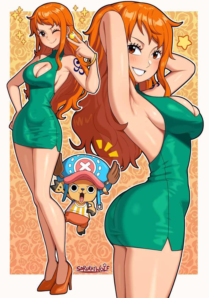 1boy 1girl absurdres antlers aqua_dress armpits arms_behind_head arms_up ass bare_legs blush bracelet breasts cleavage_cutout clothing_cutout coin covered_navel curvy dress earrings eyelashes full_body gold_bracelet gold_coin halter_dress halterneck high_heels highres horns huge_ass jewelry large_breasts long_hair looking_at_viewer nami_(one_piece) one_eye_closed one_piece orange_hair orange_shoes paid_reward_available pearl_earrings reindeer_antlers reindeer_boy sarukaiwolf shoes short_dress shoulder_tattoo sideboob smile tattoo thighs tight_clothes tight_dress tony_tony_chopper wavy_hair
