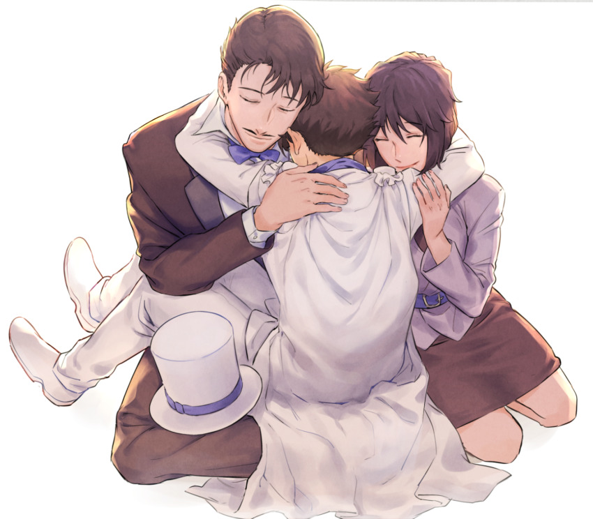 1girl 2boys bad_id bad_pixiv_id black_hair bow bowtie brown_hair cape closed_eyes dashi_(minzoku_gb) family father_and_son formal_clothes group_hug hat highres hug husband_and_wife kaitou_kid kuroba_chikage kuroba_kaito kuroba_touichi long_sleeves magic_kaito meitantei_conan mother_and_son multiple_boys short_hair smile suit top_hat