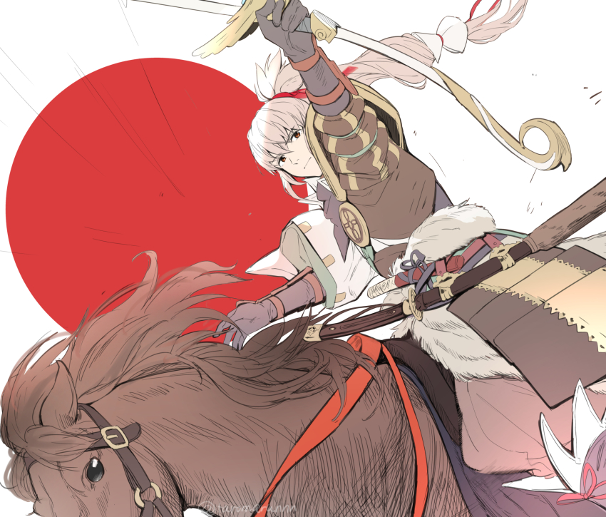 1boy bow_(weapon) fire_emblem fire_emblem_fates fujin_yumi_(fire_emblem) grey_hair highres horse horseback_riding japanese_clothes japanese_flag long_hair male_focus multiple_boys nintendo ponytail riding takumi_(fire_emblem) taromarun weapon yumi_(bow)