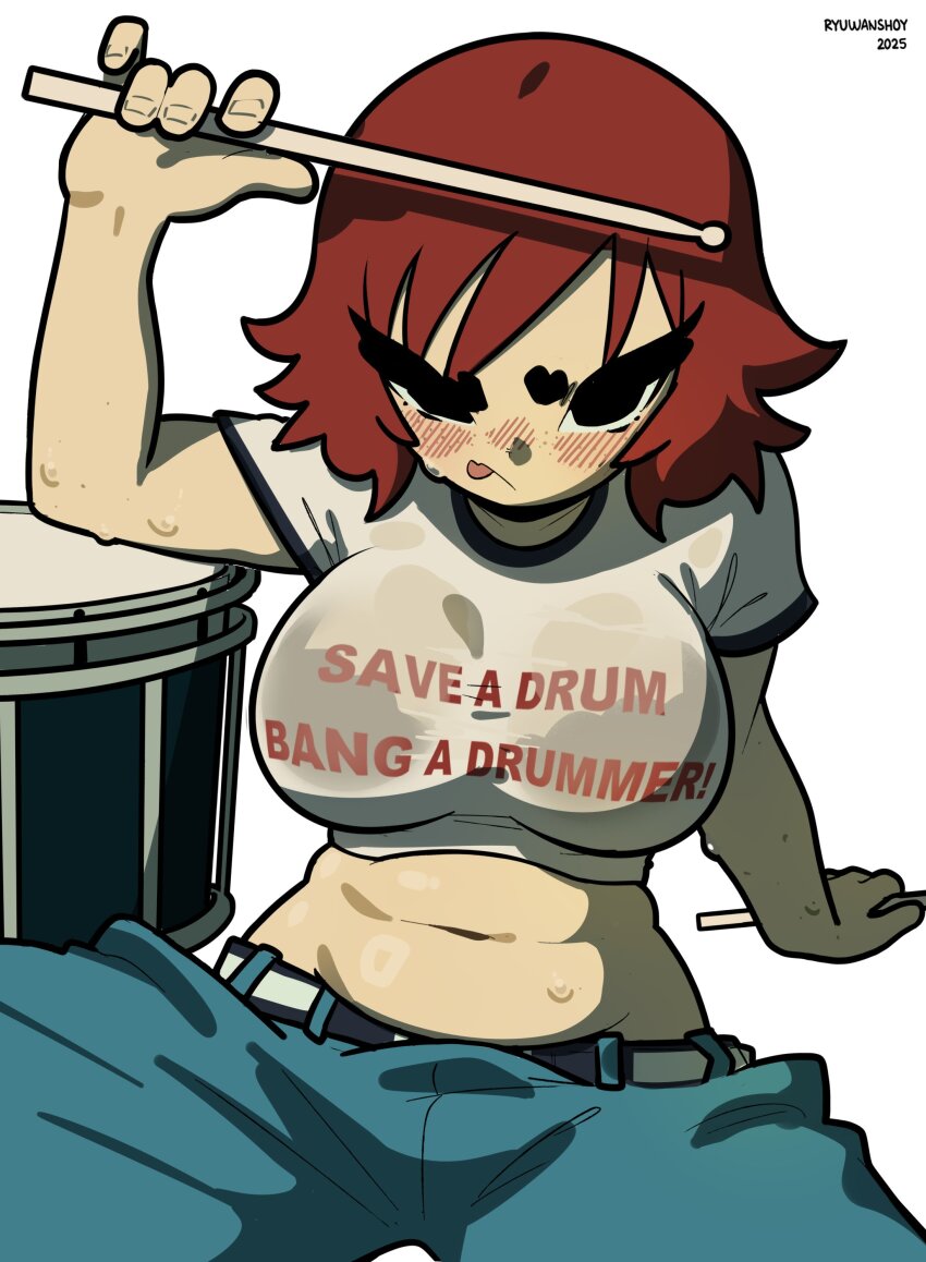 1girl 2025 absurdres black_eyes blush breasts closed_mouth drum drumsticks highres holding holding_drumsticks instrument kim_pine looking_at_viewer navel ryu_(ryuwanshoy) scott_pilgrim_(series) see-through_clothes shirt short_hair short_sleeves simple_background solo stomach white_background
