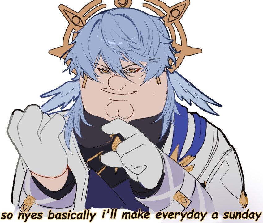 1boy blue_hair cleft_chin cosplay english_text family_guy fat fat_man gloves halo halo_behind_head head_wings highres honkai:_star_rail honkai_(series) jacket kowai_(iamkowai) looking_at_viewer male_focus peter_griffin simple_background solo sunday_(honkai:_star_rail) sunday_(honkai:_star_rail)_(cosplay) white_background white_gloves white_jacket wings yellow_eyes