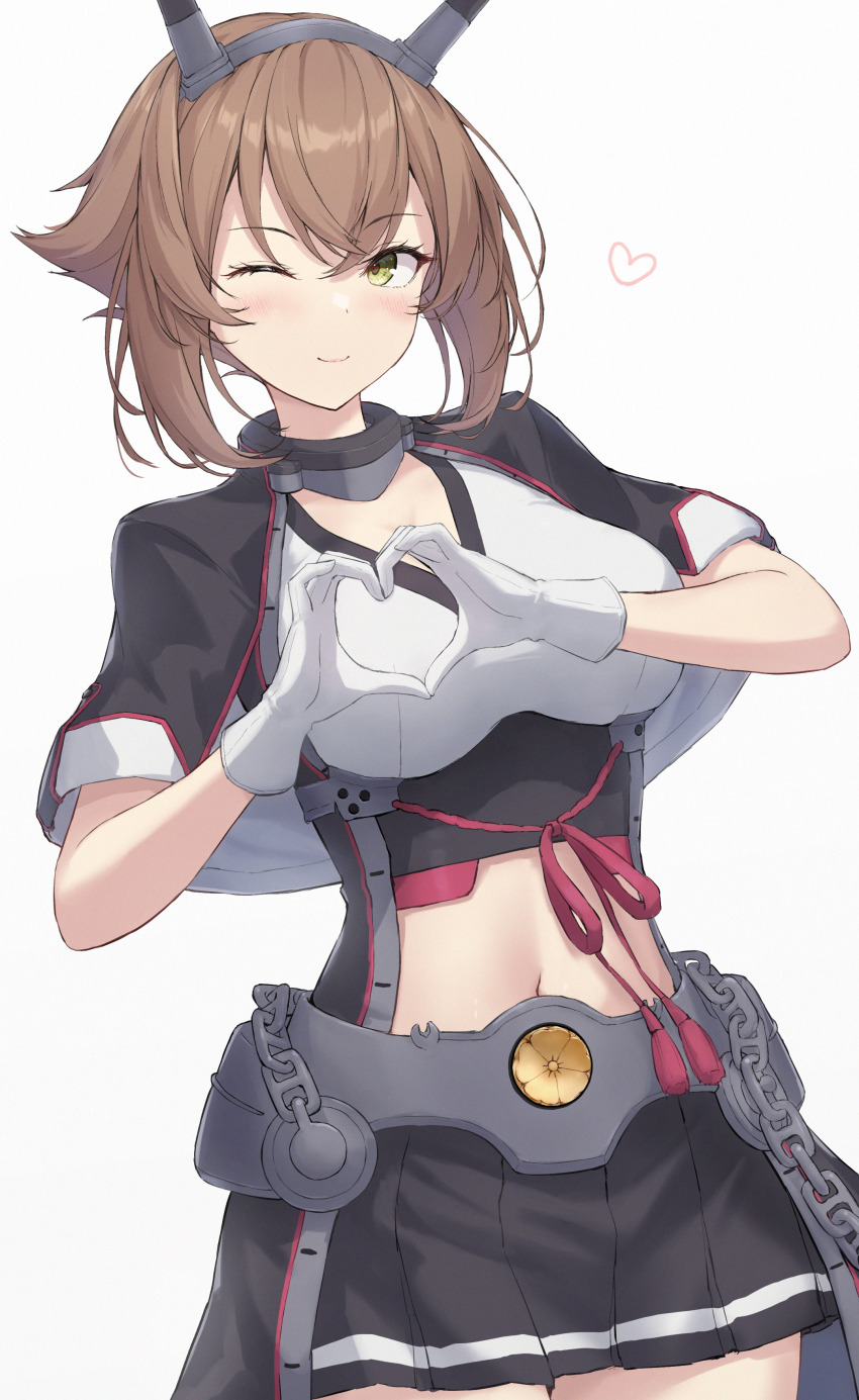 1girl absurdres black_capelet black_skirt blush breasts brown_hair capelet collar flipped_hair four-finger_heart_hands gloves green_eyes hair_between_eyes headgear heart heart_hands highres kantai_collection large_breasts looking_at_viewer metal_belt metal_collar midriff monoku mutsu_(kancolle) mutsu_kai_ni_(kancolle) one_eye_closed pleated_skirt radio_antenna short_hair simple_background skirt smile solo striped_clothes striped_skirt white_gloves
