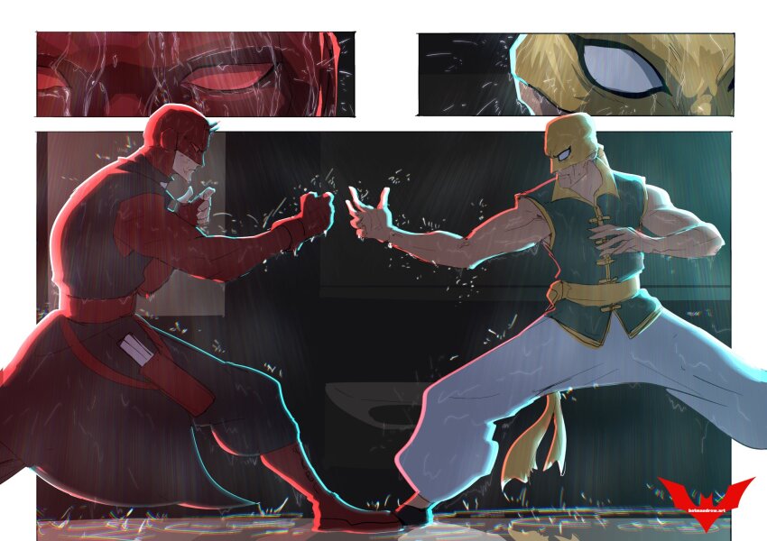 2boys artist_name bandana bare_shoulders batm_andrew black_footwear boots closed_mouth collarbone collared_shirt daredevil duel eye_mask fake_horns fighting_stance fingerless_gloves gloves green_shirt helmet highres horned_helmet horns injury iron_fist_(marvel) legs_apart looking_at_another male_focus martial_arts_belt marvel mask multiple_boys outdoors pants rain red_footwear red_shirt sash shirt sleeveless sleeveless_jacket superhero_costume wet white_pants yellow_sash yellow_trim