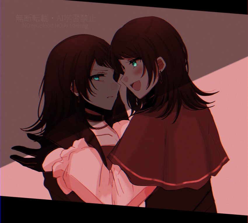 2girls asahi_rise bang_dream! bang_dream!_it&#039;s_mygo!!!!! black_choker black_gloves black_hair black_jacket blue_eyes capelet choker chromatic_aberration commentary dual_persona earclip earrings gloves highres jacket jewelry long_sleeves multiple_girls open_mouth parted_lips red_capelet selfcest shade shirt sweatdrop timoris_(bang_dream!) upper_body white_shirt yahata_umiri yuri