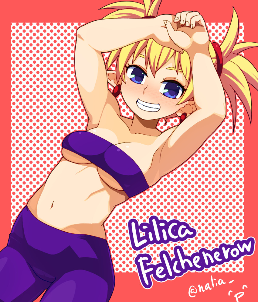 1girl arcana_heart armpits arms_up bike_shorts blonde_hair blue_eyes blush breasts cleavage grin highres legs lilica_felchenerow looking_at_viewer medium_breasts midriff nalia navel pointy_ears smile strapless thighs tube_top twintails underboob