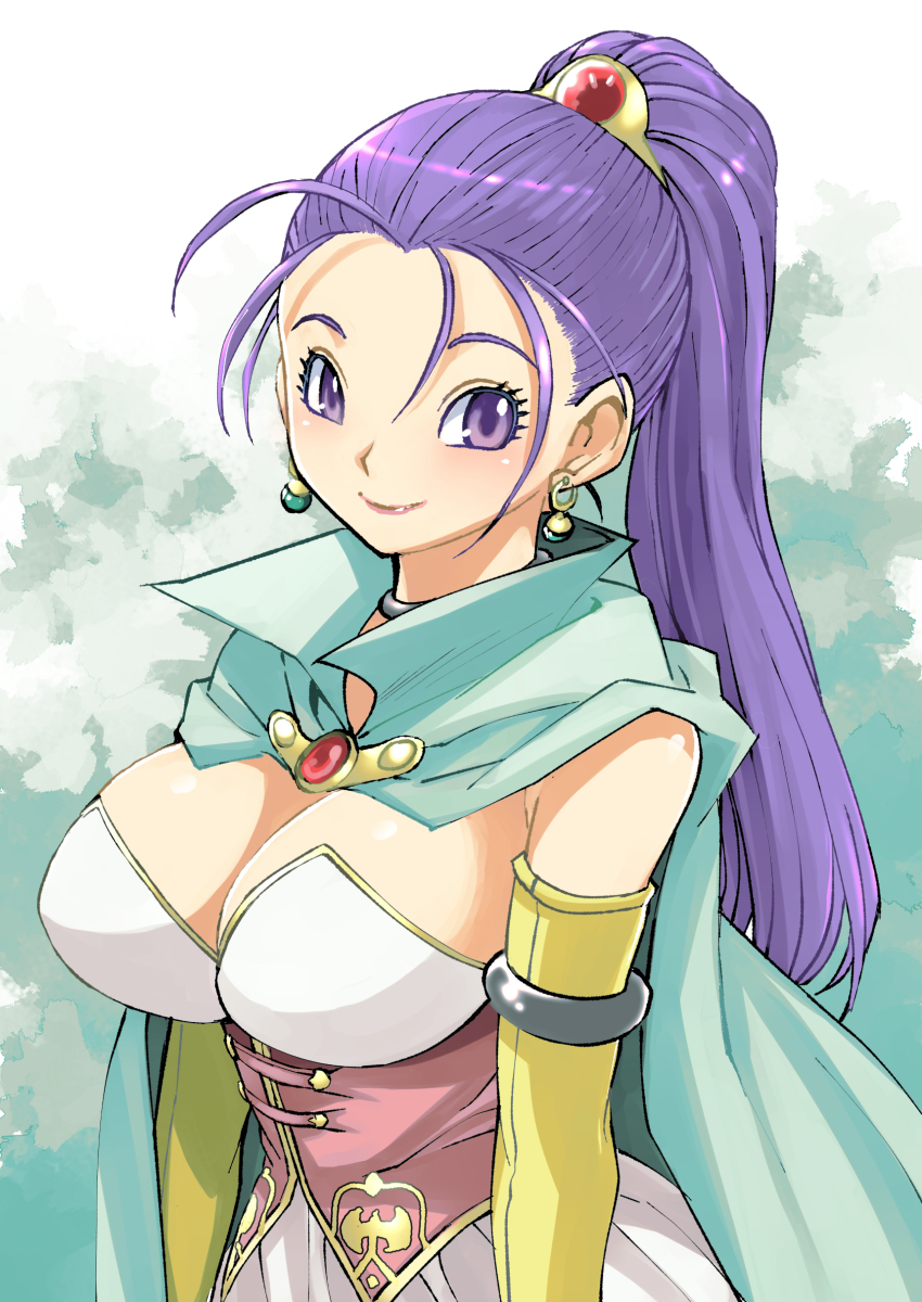 1girl absurdres blue_cape blush breasts cape choker cleavage commentary_request corset dragon_quest dragon_quest_xi dress earrings elbow_gloves gloves hair_ornament highres jewelry large_breasts long_hair muramasa_mikado ponytail purple_eyes purple_hair senica_(dq11) smile solo upper_body white_dress yellow_gloves