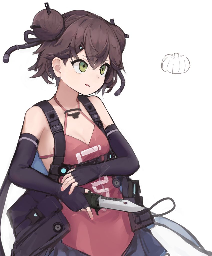 1girl :q bare_shoulders breasts brown_hair cleavage combination_weapon double_bun elbow_gloves fingerless_gloves girls&#039;_frontline gloves green_eyes gun hair_bun hair_ornament halterneck handgun highres holding holding_knife holding_weapon knife knife_gun licking_lips multiple-barrel_gun pistol qsb-91 qsb-91_(girls&#039;_frontline) quadruple-barreled_pistol rampart1028 short_hair small_breasts smoke solo tongue tongue_out volley_gun weapon white_background