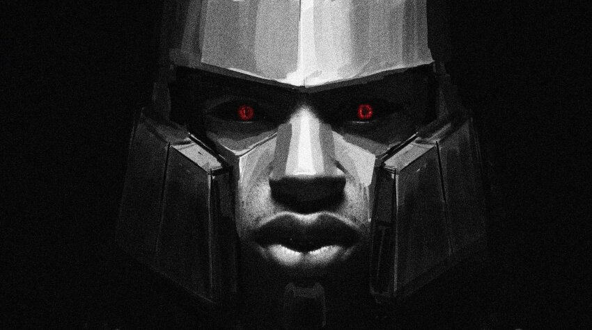 close-up decepticon helmet highres mecha mecha_focus megatron megatron_(transformers_one) meme no_humans nose primusibi red_eyes robot science_fiction transformers transformers_one