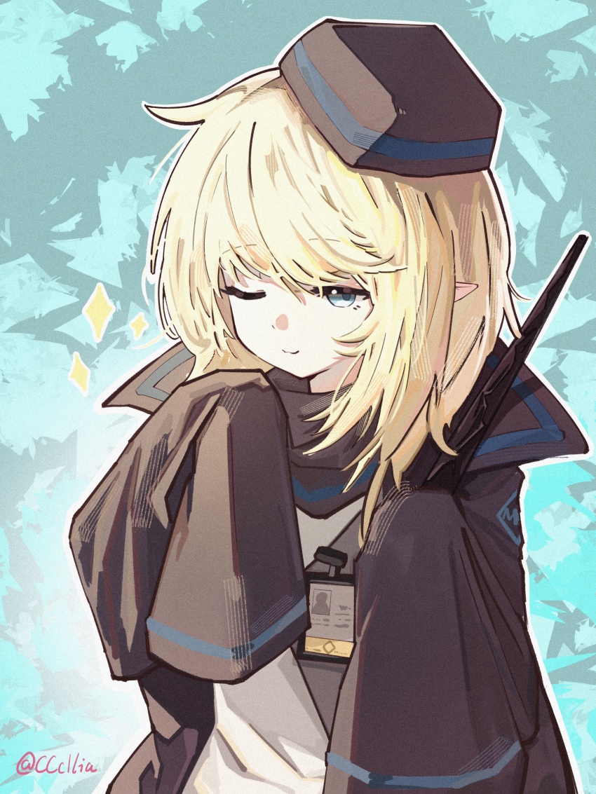 1girl absurdres arknights black_hat black_jacket blonde_hair blue_eyes durin_(arknights) hat highres holding holding_stick jacket medium_hair one_eye_closed pointy_ears sakuratani_hane shirt smile solo stick twitter_username upper_body white_shirt