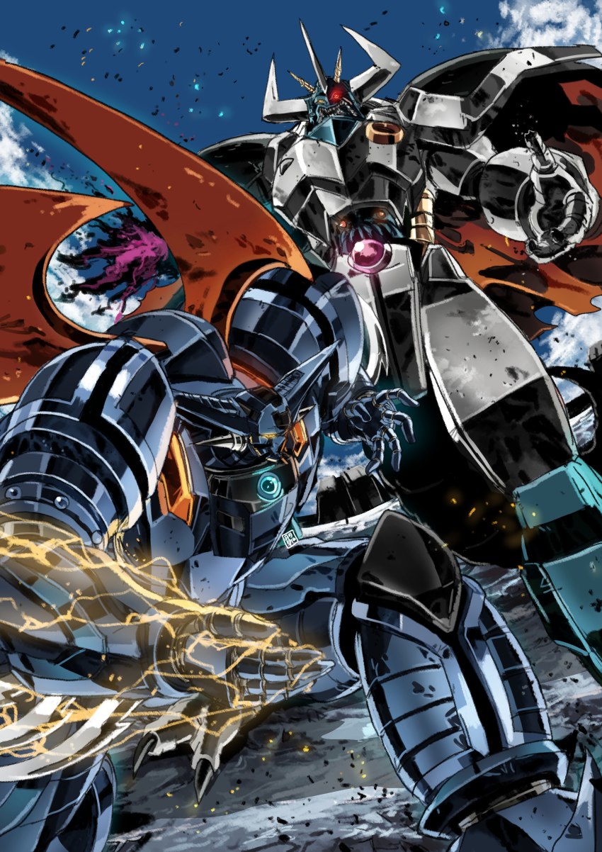 absurdres alien bad_id bad_pixiv_id cape cloud electricity emperor_gol garimpeiro getter_robo giant glowing glowing_eye god_getter heterochromia highres horns looking_down mecha mecha_focus open_hand open_mouth red_eyes robot science_fiction shin_getter_robo shin_getter_robo_vs_neo_getter_robo sky super_robot yellow_eyes