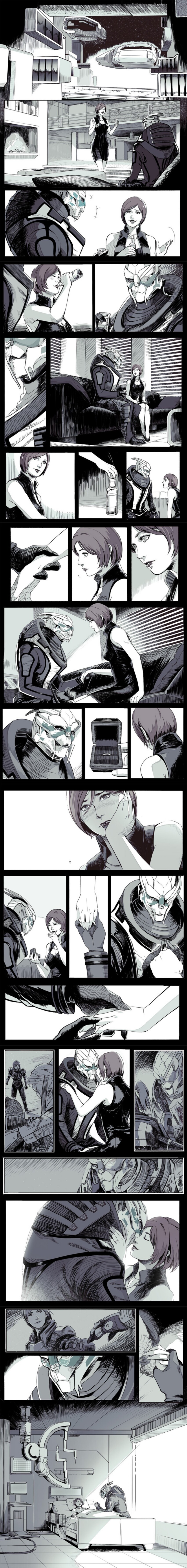 1boy 1girl absurdres alcohol alien bed black_dress comic commander_shepard commander_shepard_(female) couple crying crying_with_eyes_open dress drinking garrus_vakarian greyscale highres holding_hands hospital_bed jewelry marriage_proposal mass_effect_(series) monochrome official_alternate_costume part_2 ring tears tumblr turian wedding_band wei