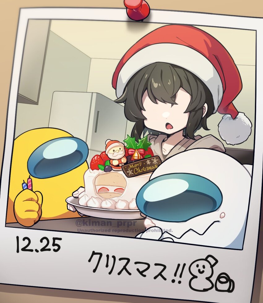 3others ambiguous_gender among_us bell brown_hair cake candle character_doll christmas_cake commentary crewmate_(among_us) cupboard doll fake_photograph food food_on_face fruit grey_hoodie hat highres holding holding_candle holding_plate holly hood hoodie impostor_(among_us) kiman merry_christmas multiple_others no_eyes original plate polaroid_photo pushpin rayman_limbs refrigerator santa_claus santa_hat short_hair sidelocks spacesuit strawberry strawberry_cake strawberry_shortcake symbol-only_commentary they_(kiman) translation_request twitter_username watermark white_(among_us) yellow_(among_us)
