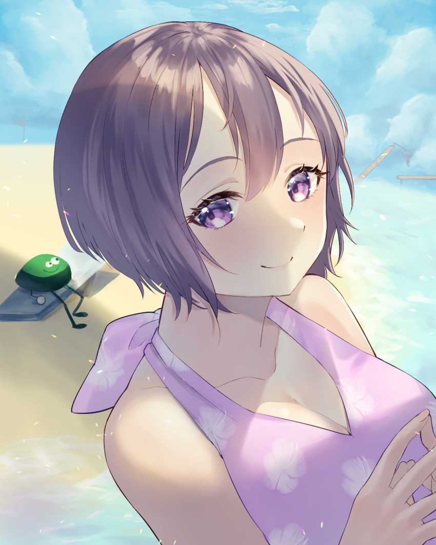 1girl beach black_hair blue_sky blurry blurry_background breasts cleavage cloud dress flag highres imomushi_(pixiv_13874680) looking_at_viewer minna_no_rhythm_tengoku multiple_others ocean own_hands_together pink_dress rhythm_tengoku robot-tachi see-kun_and_saw-kun senpai_(rhythm_tengoku) short_hair sitting sky sleeveless smile sundress tied_dress