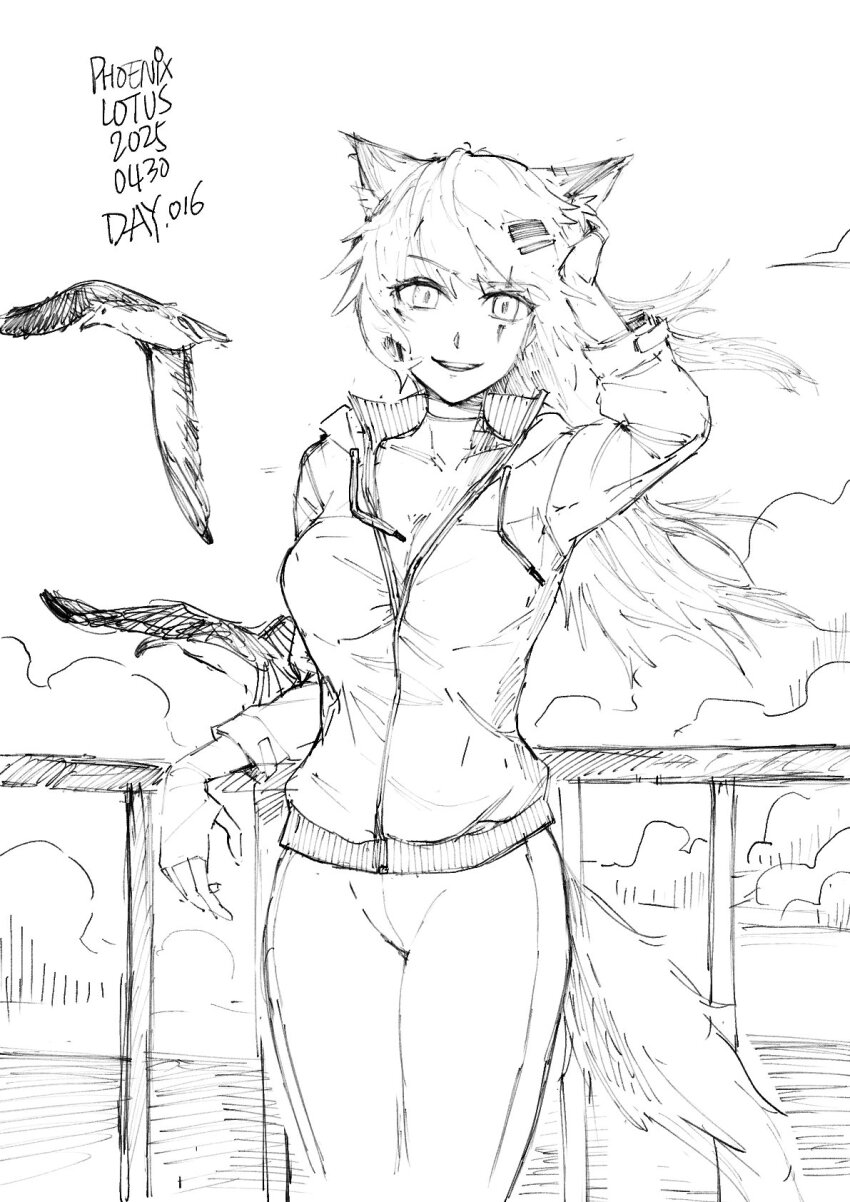 1girl alternate_costume animal_ears arknights arm_up artist_name breasts chinese_commentary cleavage commentary commentary_request cowboy_shot dated english_commentary greyscale hair_ornament hairclip hatching_(texture) highres jacket lappland_(arknights) linear_hatching long_hair long_sleeves looking_at_viewer medium_breasts mixed-language_commentary monochrome open_mouth outdoors pants phoenixlotus railing scar scar_across_eye scar_on_face signature sketch smile solo standing tail track_suit wind wolf_ears wolf_girl wolf_tail