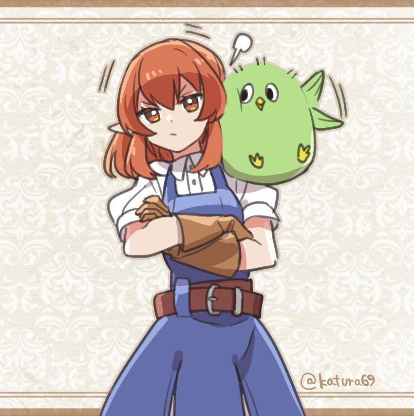 1girl 1other :/ animal beak belt bird_legs bird_wings blank_speech_bubble blouse brown_belt brown_gloves closed_mouth commentary_request cowboy_shot crossed_arms dot_nose dress eyebrows_hidden_by_hair flapping gloves green_fur helck highres katsura_ichiho looking_at_another medium_hair motion_lines orange_eyes patterned_background pinafore_dress piwi pointy_ears puffy_short_sleeves puffy_sleeves purple_dress red_hair shirt short_sleeves sidelocks sleeveless sleeveless_dress speech_bubble twitter_username v-shaped_eyebrows vermilio_(helck) white_shirt wings