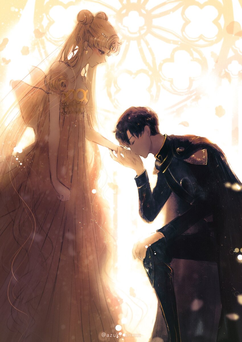 1boy 1girl back_bow bare_shoulders bishoujo_senshi_sailor_moon black_hair black_suit blonde_hair blush bow bracelet breasts closed_eyes couple detached_sleeves dolcexxx double_bun dress endymion_(sailor_moon) feet_out_of_frame formal_clothes gold_trim hair_bun half-closed_eyes hetero highres jewelry kiss kissing_hand long_dress long_hair medium_breasts military_uniform on_one_knee parted_bangs pearl_bracelet pearl_hair_ornament princess_serenity short_hair sidelocks suit twintails twitter_username very_long_hair white_dress