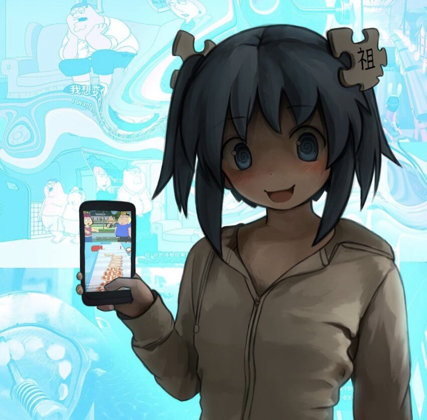1girl 2000s_(style) @_@ blank_stare blue_eyes cellphone chris_griffin commentary english_commentary family_guy holding holding_phone hood hoodie long_sleeves meg_griffin open_mouth peter_griffin phone puzzle_piece puzzle_piece_hair_ornament short_hair short_twintails smartphone smile solo tiktok twintails white_hoodie wikipe-tan wikipedia zoolpal