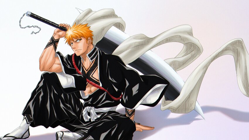1boy abs absurdres arm_markings black_kimono black_sandals bleach chest_markings closed_mouth frown highres holding holding_sword holding_weapon japanese_clothes kimono kurosaki_ichigo long_sleeves looking_to_the_side male_focus orange_eyes orange_hair sandals short_hair simple_background sitting solo spiked_hair sword tabi tensa_zangetsu_(bankai) toned toned_male tsukikiba_ron weapon white_background wide_sleeves zanpakutou