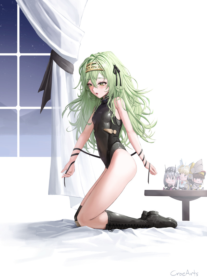 1girl absurdres black_leotard blush boots breasts character_doll chime_(nikke) crown_(nikke) curtains doctorcroe doll full_body goddess_of_victory:_nikke green_eyes green_hair hair_between_eyes highres indoors kilo_(nikke) kneeling leotard long_hair looking_at_viewer modernia_(nikke) open_mouth small_breasts solo thighs window