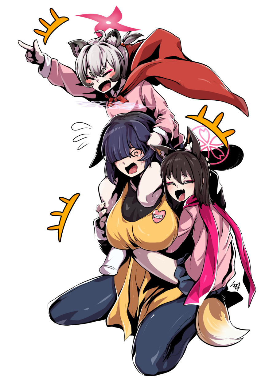 3girls @_@ aged_down animal_ear_fluff animal_ears apron black_skirt blue_archive breasts brown_hair cape closed_eyes fox_ears fox_girl fox_tail grey_hair hair_over_one_eye halo highres izuna_(blue_archive) jacket kindergarten_uniform large_breasts long_sleeves lop_rabbit_ears michiru_(blue_archive) miniskirt multiple_girls ninjutsu_research_club_(blue_archive) open_mouth pink_halo pink_jacket pink_scarf pleated_skirt purple_hair rabbit_ears rabbit_girl raccoon_ears raccoon_girl red_cape ryuki_(red_dolphinman) scarf short_hair skirt tail tsukuyo_(blue_archive) yellow_apron