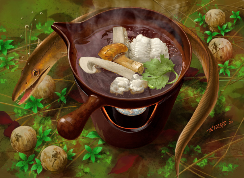 absurdres animal_focus boiling bubble dated eel food food_focus highres leaf matsutake_mushroom no_humans original signature steam tainosuke