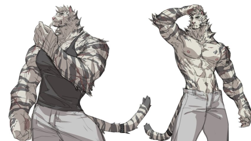 1boy abs animal_ears arknights bandage_in_mouth bara black_shirt black_tank_top claws clenched_teeth closed_mouth cross_scar facial_scar furry furry_male highres hujusheng infection_monitor_(arknights) looking_at_viewer looking_to_the_side male_focus mountain_(arknights) multiple_scars multiple_views muscular muscular_male nipples pants pawpads pectorals scar scar_across_eye scar_on_arm scar_on_cheek scar_on_face scar_on_shoulder shirt sleeveless sleeveless_shirt tail tank_top teeth tiger_boy tiger_ears tiger_stripes tiger_tail topless_male white_background white_pants