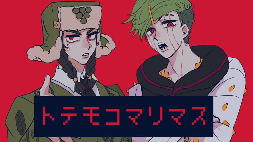 2boys absurdres black_hair bomber_hat braid facial_mark green_hair hair_ornament hairclip higashikata_jobin highres hood hoodie jojo_no_kimyou_na_bouken jojolion male_focus mamezuku_rai multiple_boys open_mouth parted_lips red_background red_eyes spikes swampland translated twin_braids