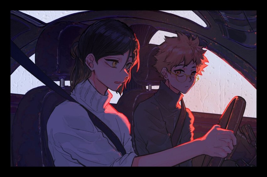 2boys :/ bespectacled black_border black_shirt border car car_interior chinese_commentary closed_mouth coco_(238243) commentary_request glasses haikyuu!! hair_between_eyes highres hinata_shouyou holding kozume_kenma long_hair looking_ahead looking_at_another male_focus motor_vehicle multicolored_hair multiple_boys open_mouth orange-tinted_eyewear orange_eyes orange_hair ponytail rain seatbelt shirt short_hair sitting sleeves_rolled_up steering_wheel tinted_eyewear turtleneck water white_shirt yellow_eyes