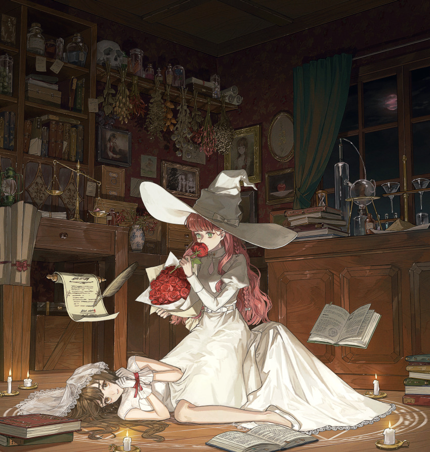 2girls absurdly_detailed_composition absurdres apple belt book book_stack bottle bound bound_wrists bouquet braid brown_eyes brown_hair candle crate curtains desk dress floating floating_book floating_object flower food fruit funnel_(tool) green_eyes hanging_flower herb highres holding holding_bouquet hourglass indoors knees_up kotobuki_nashiko lantern loaded_interior long_hair lying magic_circle moon multiple_girls night on_back original photo_(object) quill red_hair red_moon scroll sitting sitting_on_person skull smelling smelling_flower test_tube test_tube_rack vase veil wariza weighing_scale white_dress white_footwear white_headwear window witch yuri