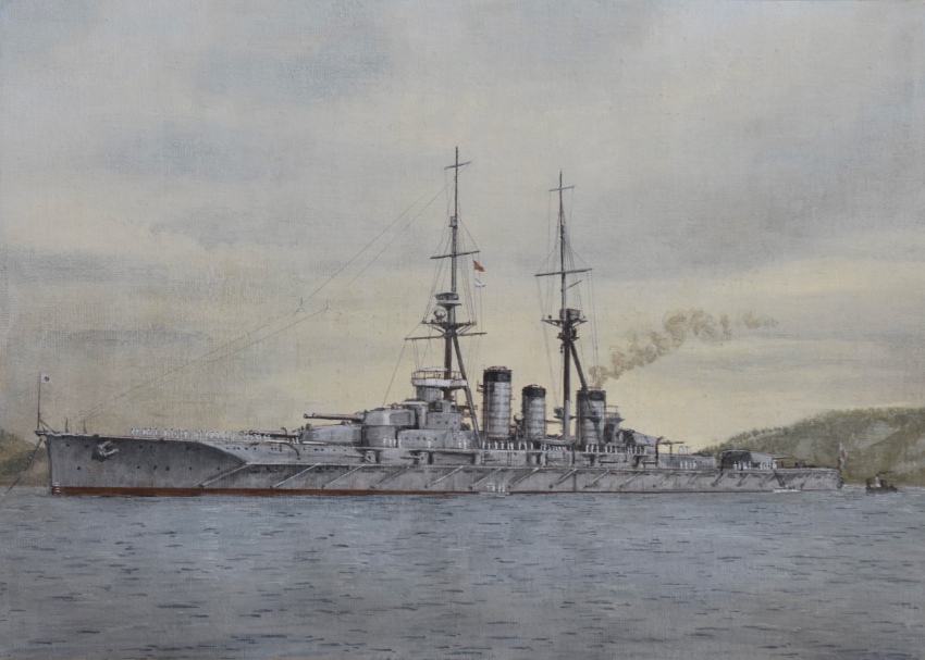 absurdres acrylic_paint_(medium) atelier_bono battleship cannon cloud highres kirishima_(battleship) mast military_vehicle ocean original painting_(medium) port ship ship_turret sky smoke smokestack traditional_media vehicle_focus warship watercraft