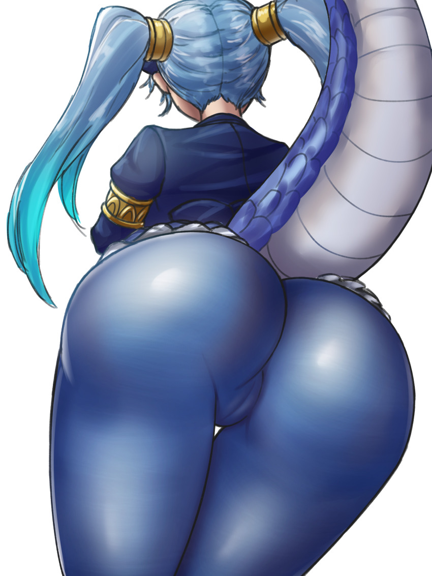 1girl absurdres armband ass ass_focus blue_hair blue_jacket blue_pantyhose blue_suit cameltoe dragon_girl dragon_tail formal_clothes from_behind from_below highres jacket kemono_friends long_hair neukkom pantyhose seiryuu_(kemono_friends) skirt solo suit tail trefoil twintails