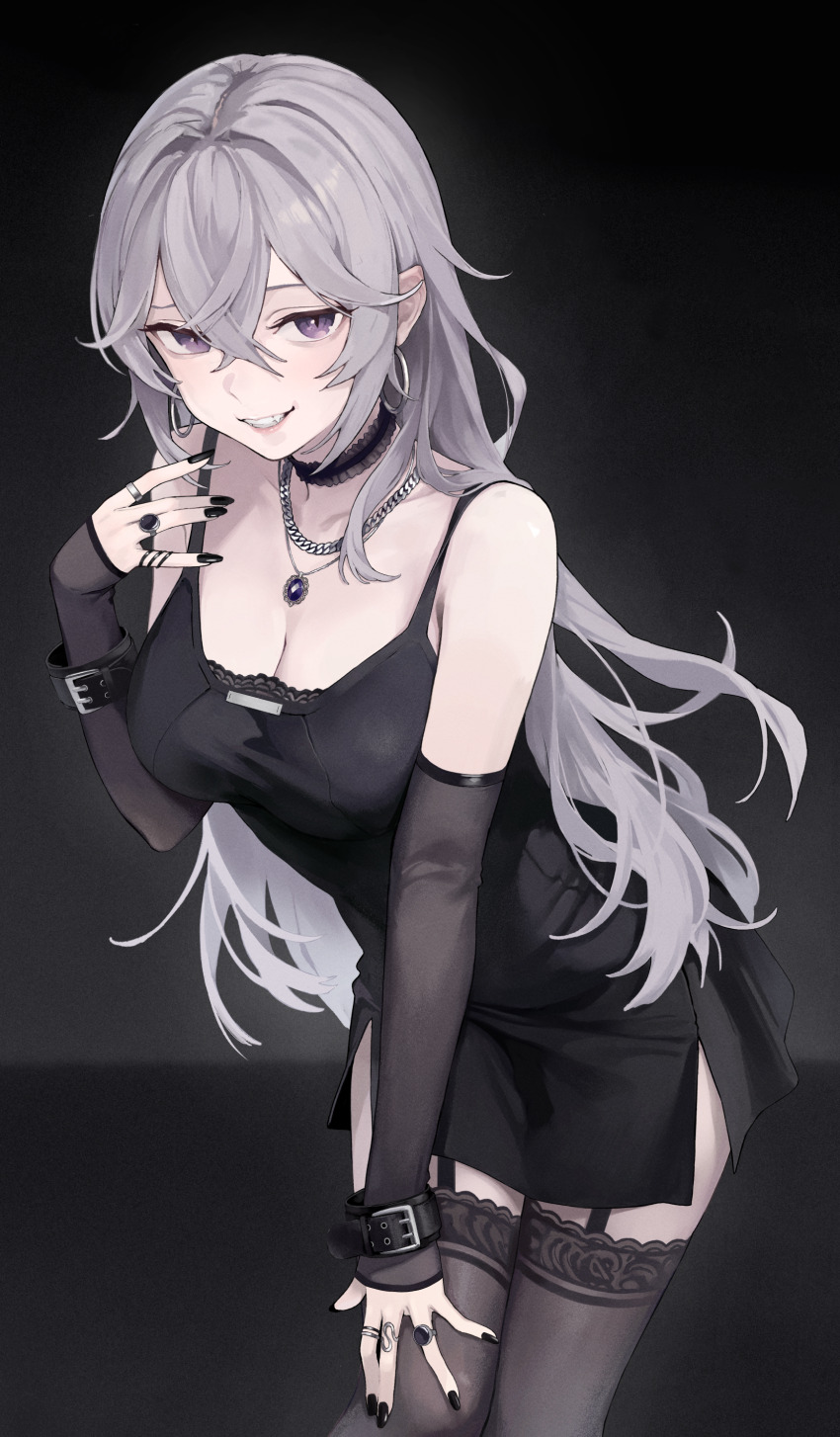 1girl absurdres bare_shoulders belt belt_buckle black_background black_belt black_collar black_dress black_nails black_thighhighs breasts buckle cleavage collar collarbone commentary_request commission cowboy_shot crossed_bangs detached_sleeves dress earrings fang fingernails frilled_collar frills garter_straps gem gradient_background grey_background grey_hair grin hair_between_eyes hand_on_own_knee hand_up highres hoop_earrings jewelry large_breasts leaning_forward long_bangs long_fingernails long_hair long_sleeves looking_at_viewer nail_polish necklace original parted_lips pendant purple_eyes purple_gemstone ring side_slit skeb_commission sleeveless sleeveless_dress sleeves_past_wrists smile solo standing sugai_(4ugaii) thighhighs very_long_hair wavy_hair wrist_belt