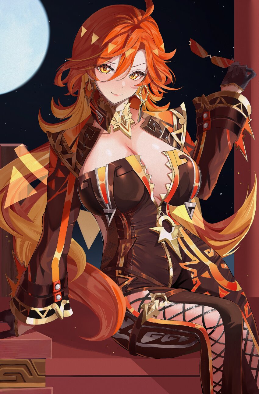 1girl absurdres ahoge biker_clothes bikesuit black_bodysuit black_gloves blonde_hair blush bodysuit breasts cleavage cross-laced_clothes earrings genshin_impact gloves hair_between_eyes hand_up hashtag-only_commentary highres holding holding_removed_eyewear jewelry large_breasts long_hair long_sleeves looking_at_viewer mavuika_(genshin_impact) moon multicolored_hair night night_sky partially_unzipped red_hair rimless_eyewear sitting sky smile solo tinted_eyewear unworn_eyewear very_long_hair y_osu yellow_eyes