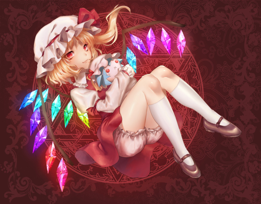 1girl adapted_costume bitaro blonde_hair bloomers character_doll closed_mouth crystal dress flandre_scarlet from_side full_body glowing glowing_wings hat juliet_sleeves kneehighs light_smile long_sleeves looking_at_viewer mary_janes medium_hair mob_cap multicolored_wings one_side_up puffy_sleeves red_background red_dress red_eyes red_shoes red_theme remilia_scarlet shirt shoes sleeve_ribbon socks solo touhou underwear white_bloomers white_hat white_shirt white_socks wings