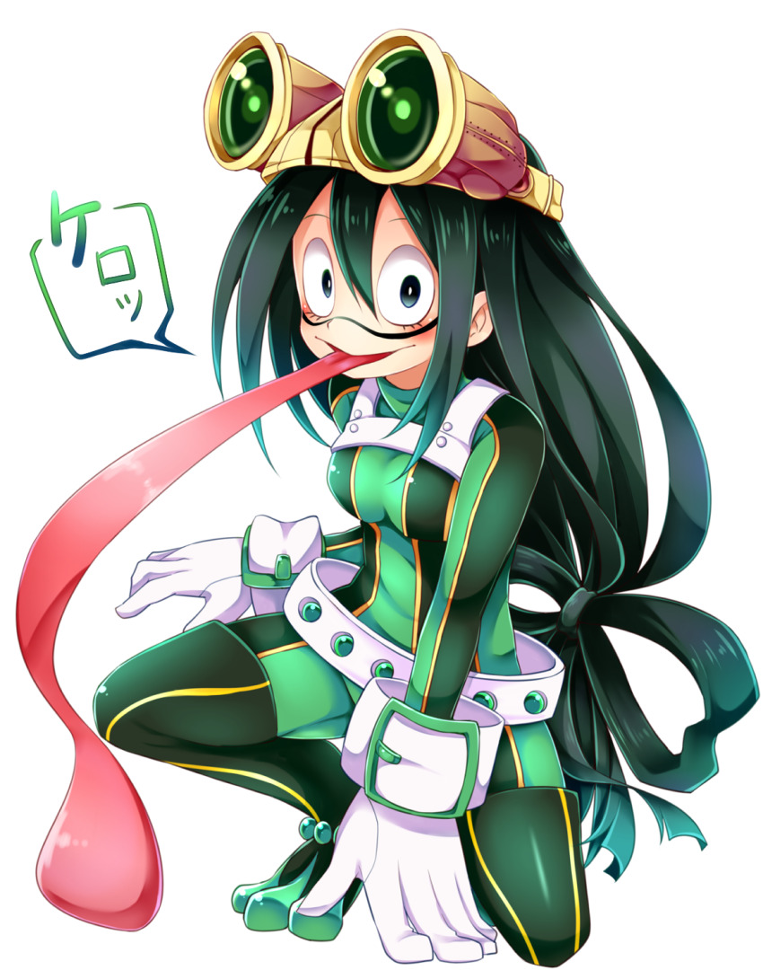 1girl asui_tsuyu black_eyes black_hair blush bodysuit boku_no_hero_academia breasts chikuwa_savy commentary_request double-parted_bangs frog_girl full_body gloves green_bodysuit hair_between_eyes hair_rings highres long_hair long_tongue looking_at_viewer low-tied_long_hair medium_breasts on_one_knee simple_background smile solo speech_bubble superhero_costume tongue tongue_out translation_request very_long_hair very_long_tongue white_background white_gloves