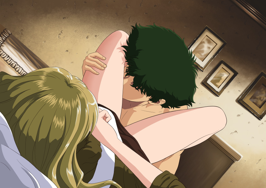 absurdres between_legs blonde_hair couple cowboy_bebop curly_hair green_eyes green_hair highres imminent_kiss julia_(cowboy_bebop) kiss nekro-comix non-web_source spike_spiegel spread_legs