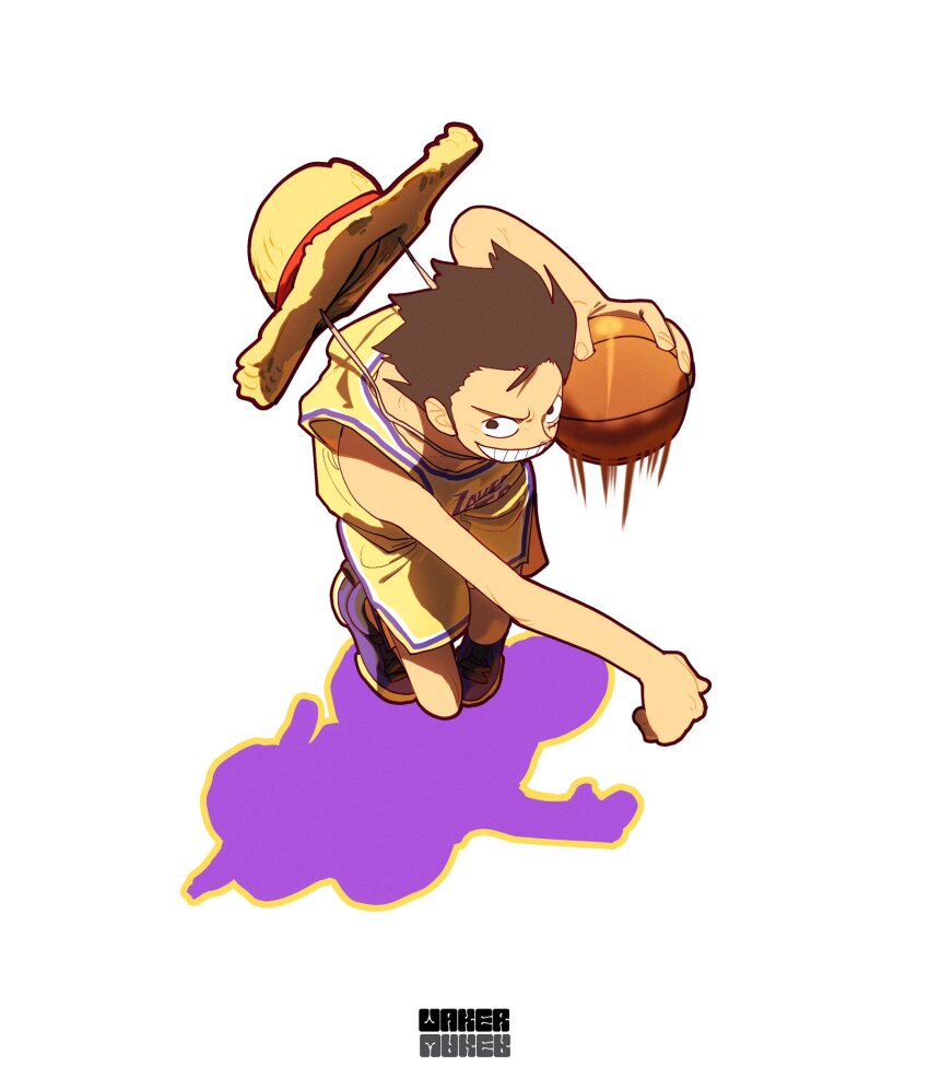 1boy ball basketball_(object) basketball_uniform black_hair commentary english_commentary full_body hat highres looking_at_viewer los_angeles_lakers male_focus monkey_d._luffy one_piece scar scar_on_face shadow short_hair smile solo sportswear straw_hat taku_(aywakutakuay)