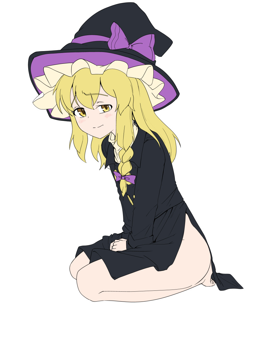 1girl absurdres black_coat black_hat black_skirt blonde_hair blush bow braid closed_mouth coat commentary_request cookie_(touhou) flat_chest frilled_hat frills full_body hair_bow hat highres kirisame_marisa long_hair long_sleeves looking_at_viewer purple_bow raised_eyebrow rei_(cookie) remote_controller_4 seiza shirt side_braid simple_background single_braid sitting skirt skirt_set solo touhou white_background white_shirt witch_hat yellow_eyes