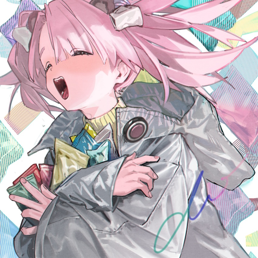 1girl absurdres animal_ears bow closed_eyes eyes_visible_through_hair fingernails grey_bow grey_jacket hair_bow highres holding hood hood_down hooded_jacket hugging_object jacket long_hair long_sleeves mist_sequence nail_polish open_mouth patterned patterned_background pink_hair pink_nails sleeves_past_wrists smile solo teeth tongue twintails upper_body xiao_chichi