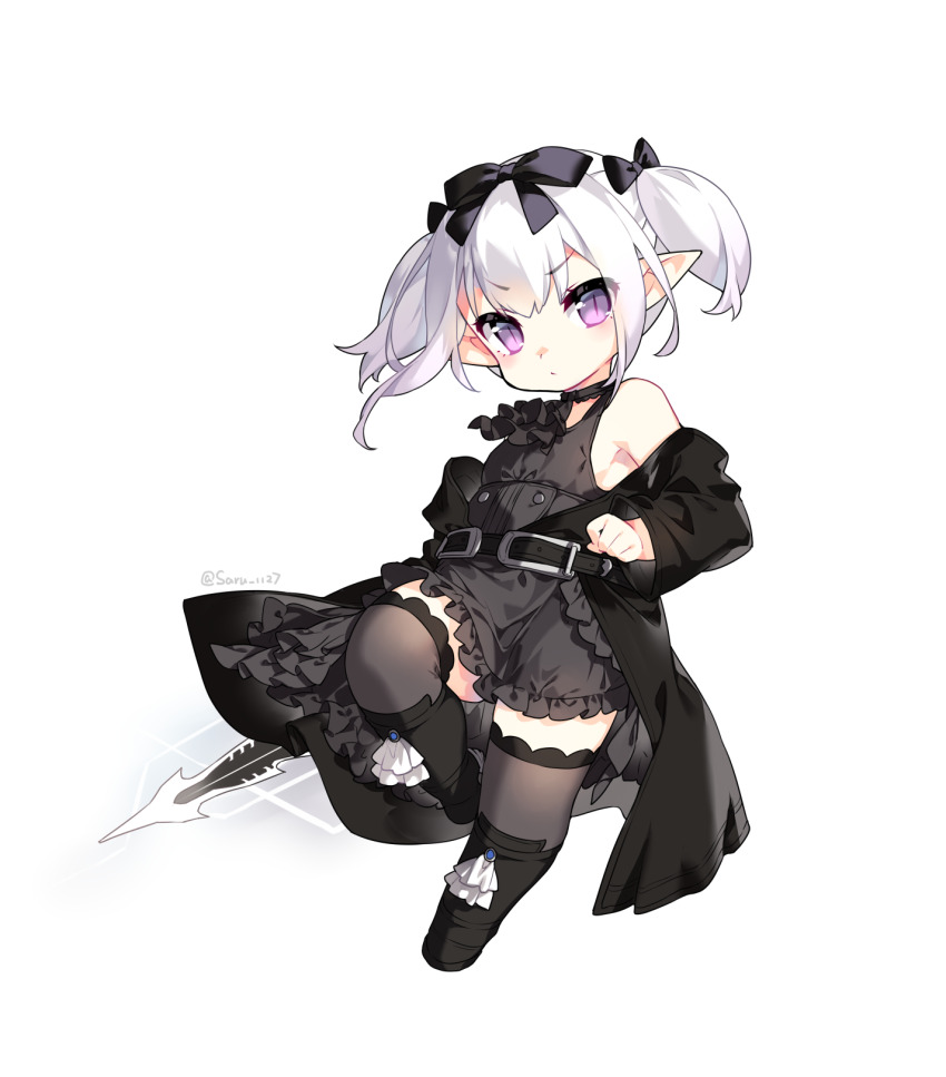 1girl bare_shoulders belt belt_buckle black_belt black_boots black_bow black_dress black_jacket boots bow buckle closed_mouth commentary_request dress final_fantasy final_fantasy_xiv frilled_dress frills full_body grey_thighhighs hair_bow highres jacket knee_boots lalafell long_sleeves looking_at_viewer off_shoulder pointy_ears purple_eyes saru simple_background sleeveless sleeveless_dress slit_pupils solo thighhighs thighhighs_under_boots twintails twitter_username v-shaped_eyebrows white_background white_hair