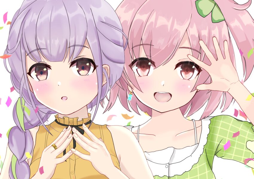 2girls :d assault_lily bare_shoulders black_ribbon blunt_bangs blush braid braided_ponytail clover_hair_ornament collarbone commentary_request confetti earrings ekakisyun fingernails four-leaf_clover_hair_ornament frilled_shirt_collar frills green_hair green_shirt hair_ornament hair_over_shoulder hand_up hands_up highres hitotsuyanagi_riri hitotsuyanagi_yuri jewelry long_hair looking_at_viewer low_side_ponytail multicolored_hair multiple_girls neck_ribbon official_alternate_costume official_alternate_hairstyle one_side_up open_hand open_mouth own_hands_together parted_lips pink_eyes pink_hair plaid_clothes plaid_shirt purple_hair ribbon ring shirt short_hair side-by-side side_ponytail simple_background single_braid sleeveless sleeveless_shirt smile steepled_fingers streaked_hair teeth two-tone_hair upper_teeth_only white_background yellow_shirt