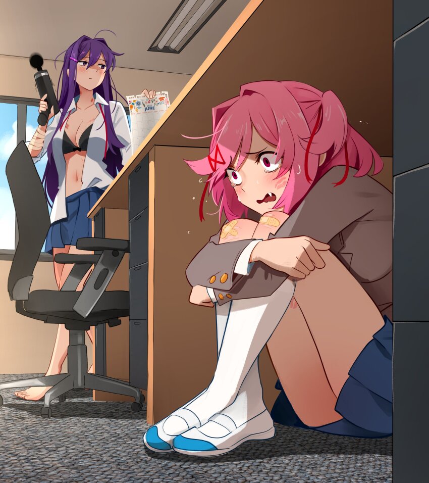 2girls absurdres anime_girl_hiding_from_a_terminator_(meme) bandaid bandaid_on_knee bandaid_on_leg barefoot black_bra blue_skirt bra breasts calendar_(object) carpet chair commentary desk doki_doki_literature_club doki_doki_literature_club_school_uniform empty_eyes english_commentary fang feet fluorescent_lamp flustered furrowed_brow hair_ornament hairclip hiding highres hugging_own_legs indoors june khyle. knees_to_chest large_breasts lgbt_pride lipstick_mark lipstick_mark_on_face lipstick_mark_on_leg long_sleeves loose_neck_ribbon meme multiple_girls natsuki_(doki_doki_literature_club) navel neck_ribbon office_chair open_clothes open_shirt parted_lips pink_hair pleated_skirt pride_month purple_eyes purple_hair red_ribbon ribbon scar scar_on_breasts scar_on_stomach school_uniform sex_toy shirt shoes skirt sweat swivel_chair tearing_up toes two_side_up underwear uwabaki vibrator white_shirt wide-eyed window yuri_(doki_doki_literature_club)